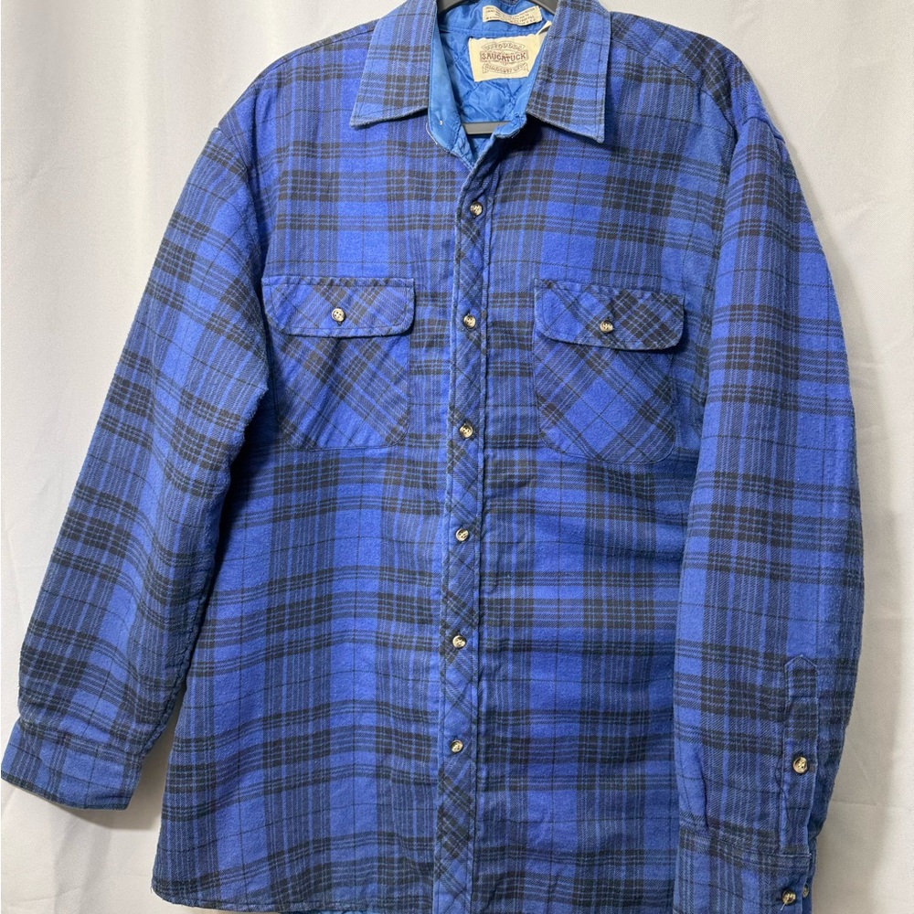 Vintage Early 90s Saucatuck Drygoods Co Quilted Shirt Jacket Blue Plaid L